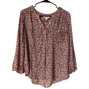 Market & Spruce Shirt Womens Large Floral Button Blouse Maroon White 3/4 Sleeve